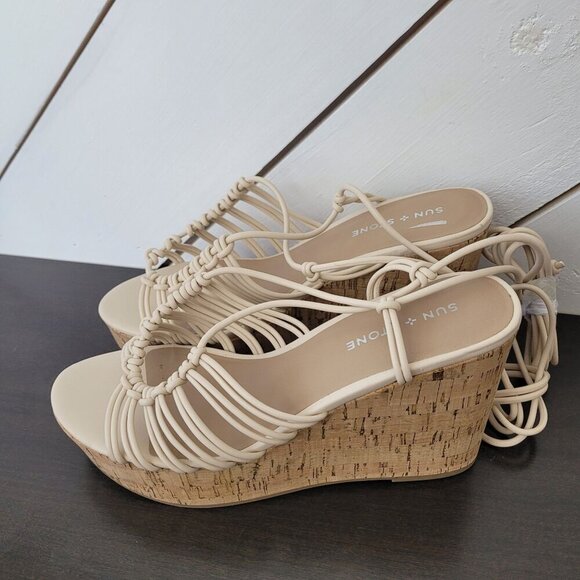 NEW Sun Stone Womens Tillyy Lace-Up Wedge  Eggshell 9M Cork Sandals - Picture 3 of 8